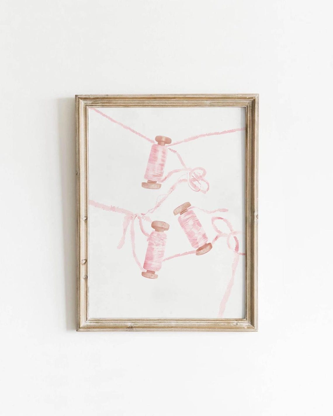 Pink Thread Spool Ribbon Watercolor Coquette Nursery Wall Print