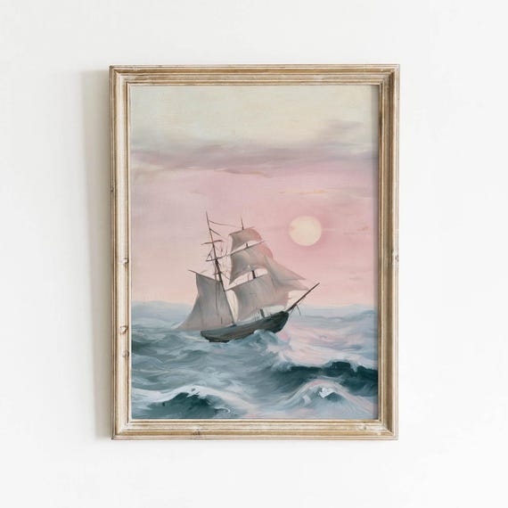 Vintage Sailing Ship Printable Moody Ocean Waves Wall Art Romantic Seascape Decor Muted Pastel Sunset Digital Download 700