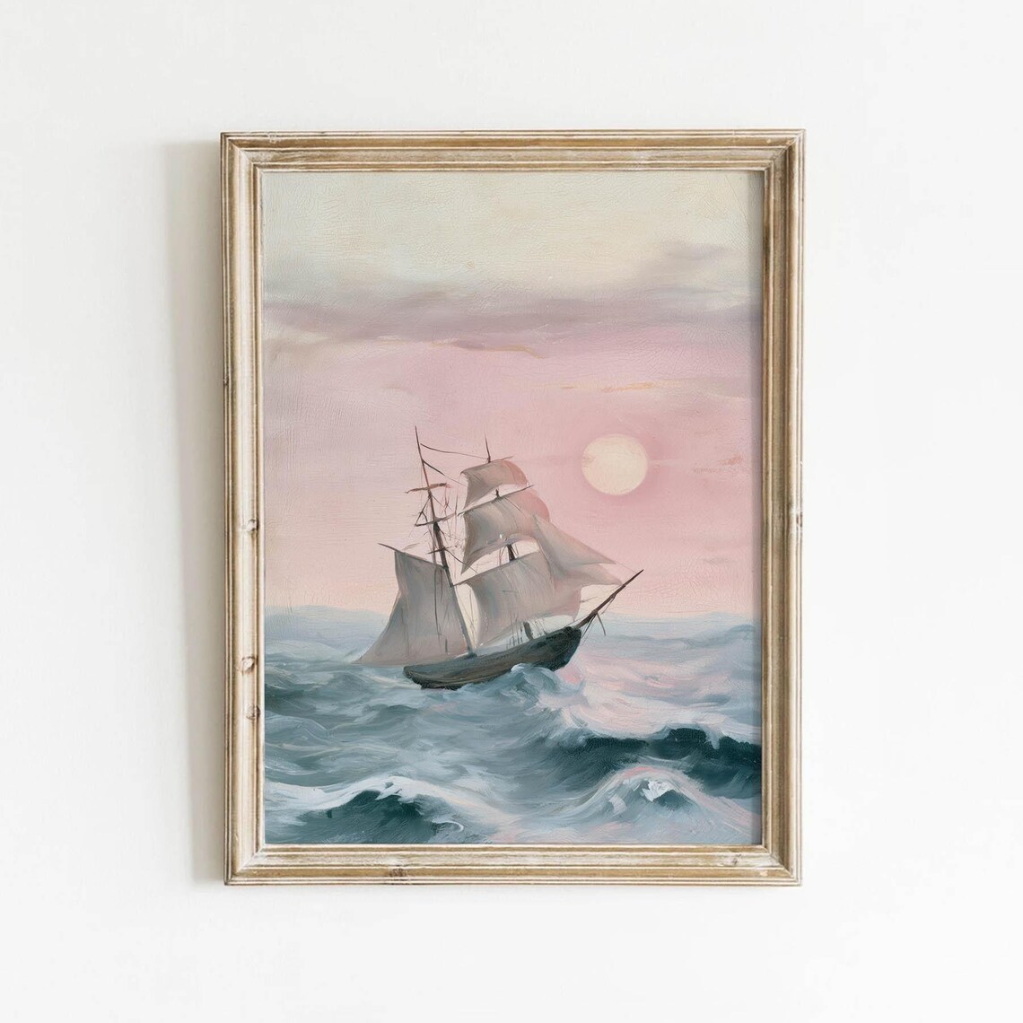 Tall Ship Pink Sunset Ocean Waves Romantic Maritime Oil Painting Poster