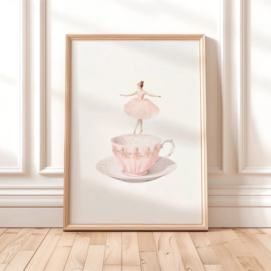 Ballerina Dancing On Teacup Whimsical Pink Nursery Wall Poster