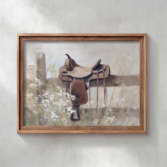 Printed Western Saddle Wooden Fence Rail White Meadow Flowers Rustic Ranch Decor Neutral Vintage Painting Farmhouse Wall Art 0515