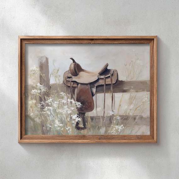 Western Horse Saddle Rustic Fence Neutral Meadow Wildflowers Poster