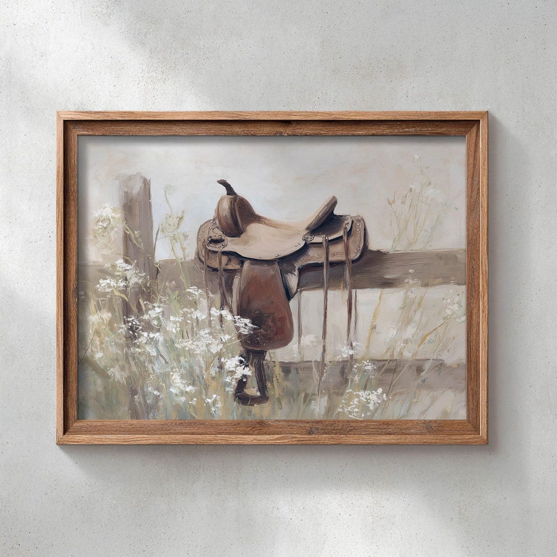 Western Horse Saddle Rustic Fence Neutral Meadow Wildflowers Poster