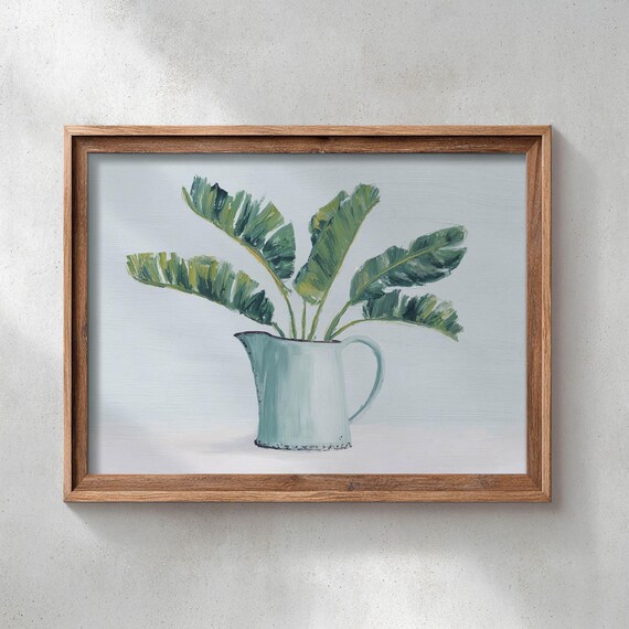 Tropical Leaves in Vintage Blue Pitcher Botanical Still Life Poster