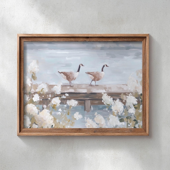 Canada Geese On Wooden Dock Lakeside Hydrangea Blooms Art Poster