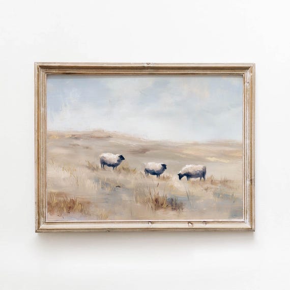 Vintage Tan Sheep Hillside Golden Grassland Printable Wall Art Rustic Farmhouse Decor Digital Download 590