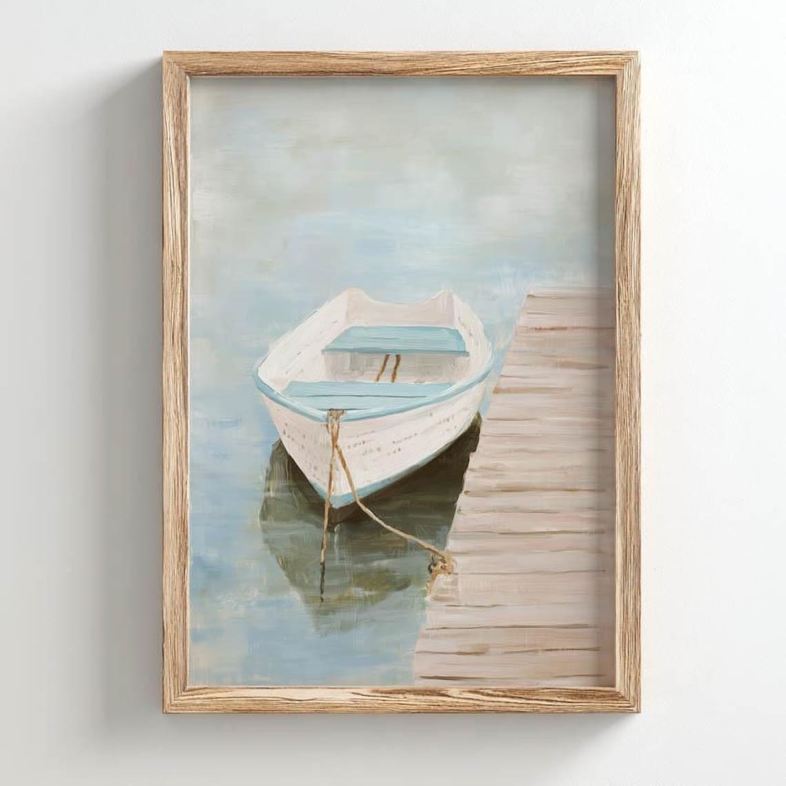 White Rowboat Tied At Wooden Dock Soft Pastel Coastal Painting Wall Art