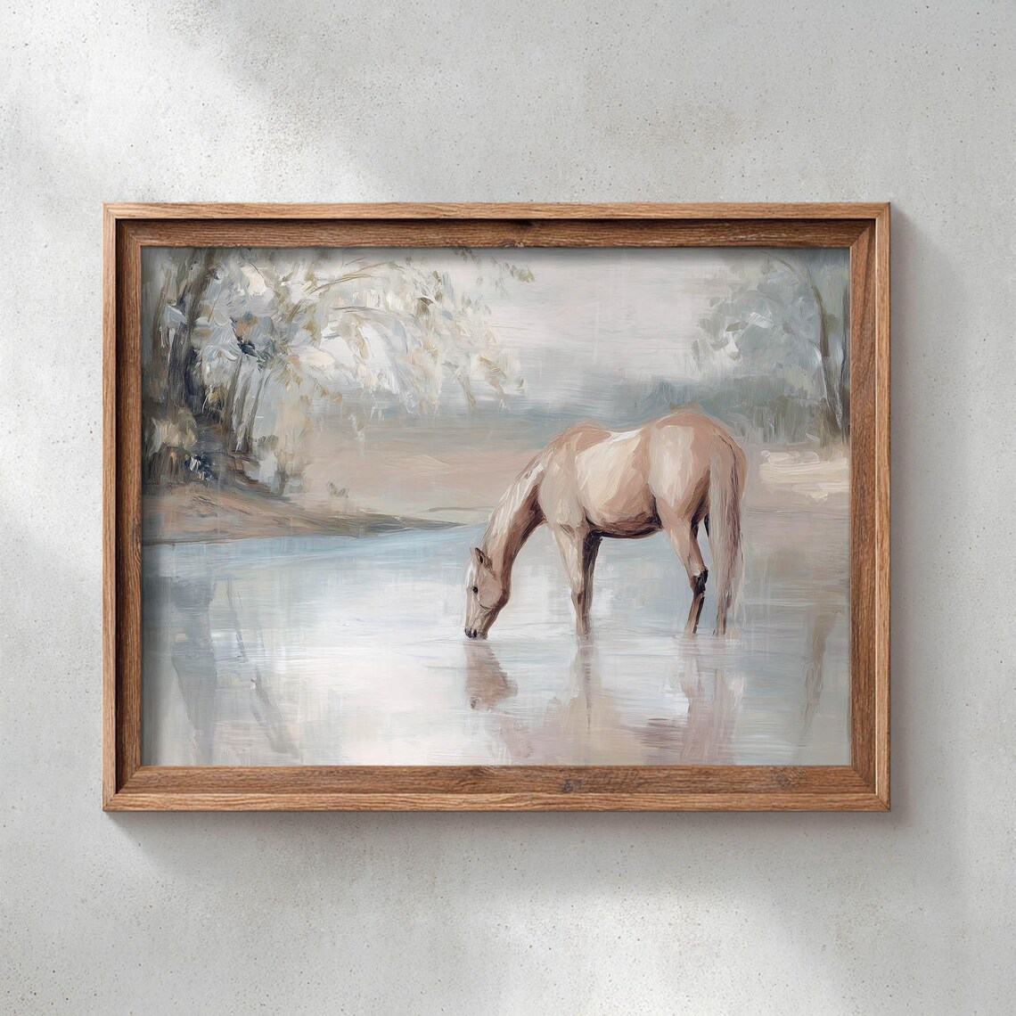 Palomino Horse Drinking From River, Rustic Landscape Art Print