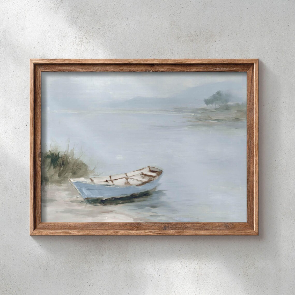 Lonely Rowboat at a Misty Lake Shore Serene Blue Gray Landscape Painting Poster