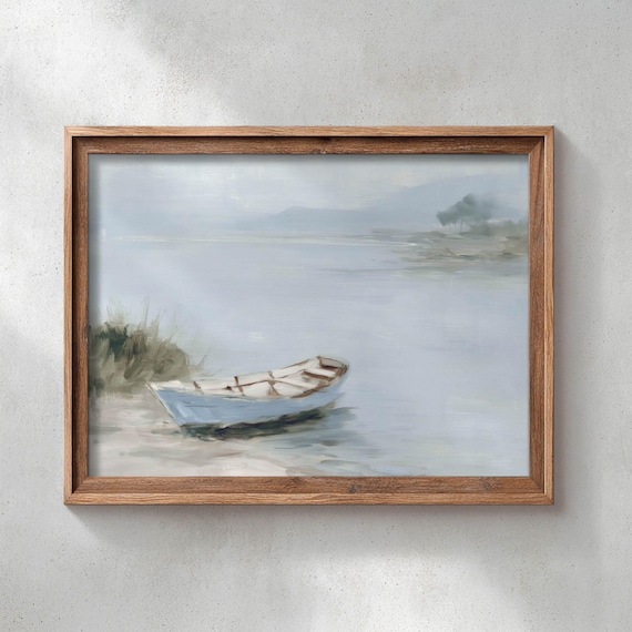 Printed Lonely Rowboat At Misty Lake Shore Coastal Landscape Art Vintage Nautical Wall Decor Serene Water Scene Rustic Poster P737