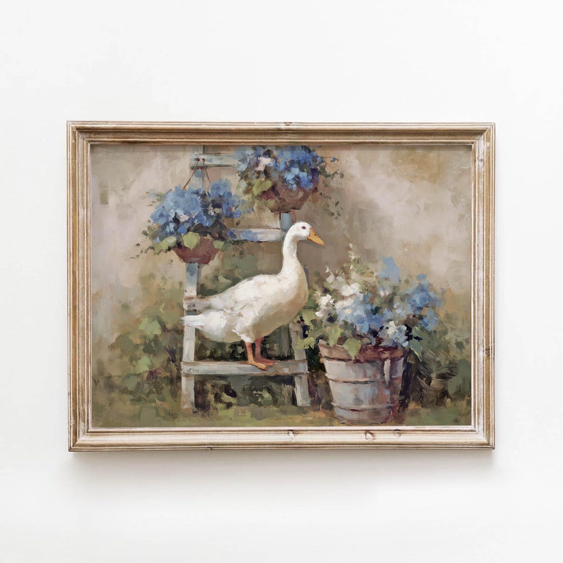 White Goose On Garden Ladder Rustic Farmhouse Floral Wall Art