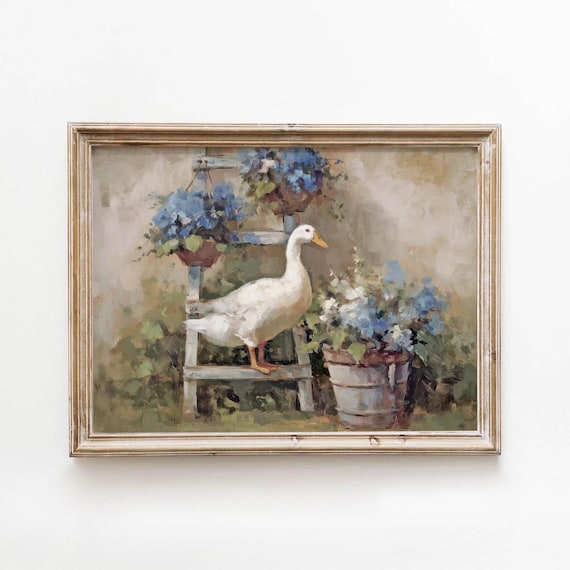Rustic White Goose Printable Vintage Cottage Wall Art Farmhouse Duck Decor Soft Garden Blue Greenery Download 0250