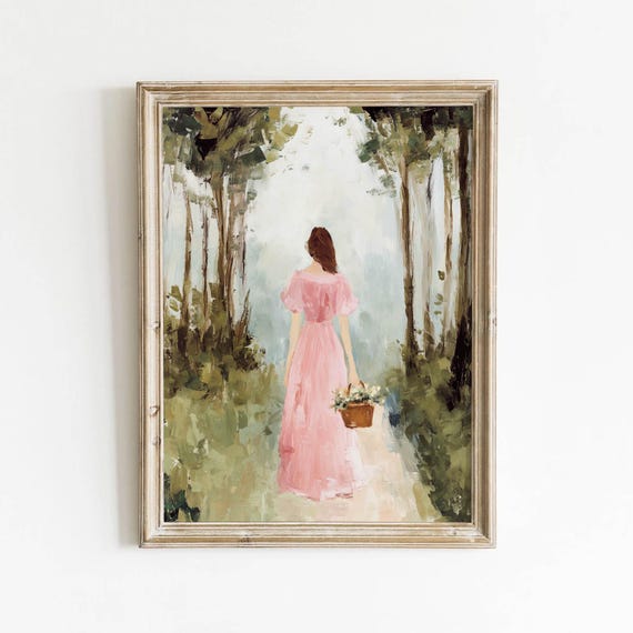 Romantic Woman Printable Pink Dress Wall Art Cottagecore Decor Tranquil Bedroom Green Foliage Digital Download 0320