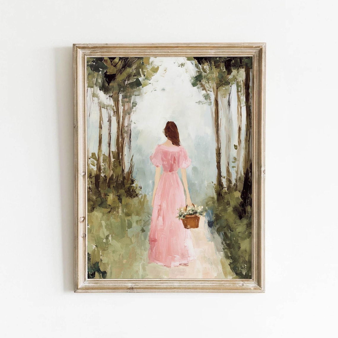 Woman In Pink Dress Walking Woodland Path Flower Basket Art Poster