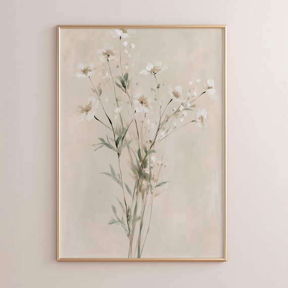 Printed Delicate Wildflower Botanical Wall Art Sage Green Stems Cream Neutral Floral Cottagecore Farmhouse Decor Poster P476 0476