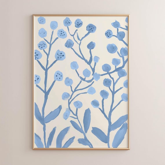 Soft Blue Botanical Stems Print Minimalist Scandinavian Berry Blooms Poster Farmhouse Cottagecore Decor Blues Cream Tones Art P75