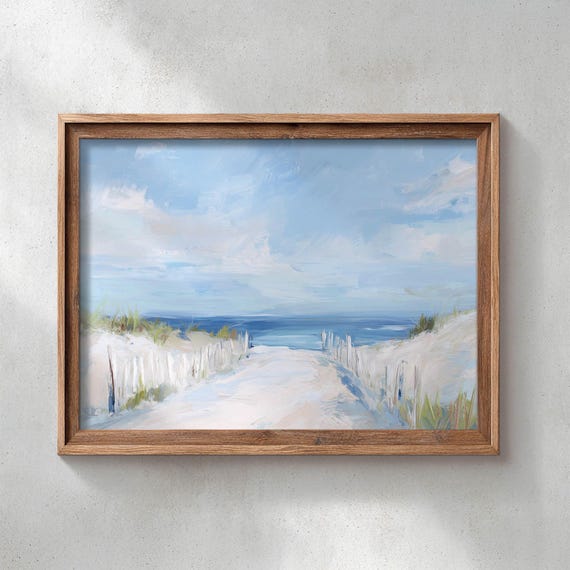Printed Sandy Path Through Dunes To Ocean Poster Print Pastel Blues And Hues Coastal Beachy Decor Soft Painting Aesthetic P283