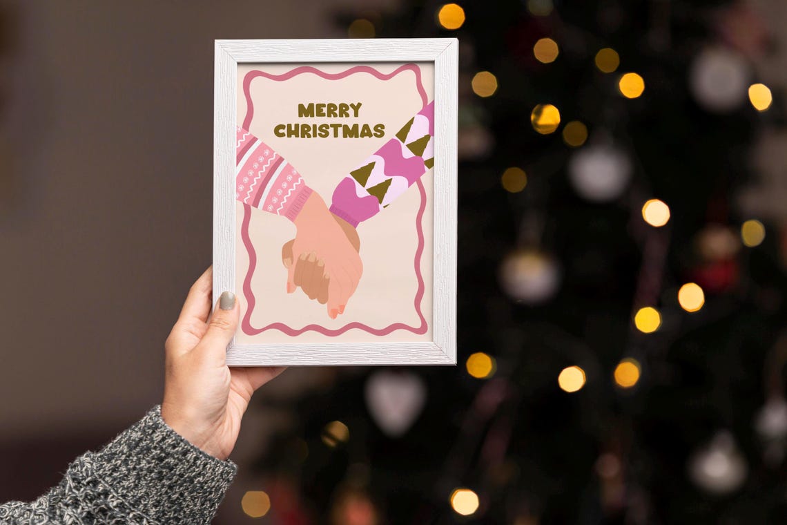 Merry Christmas Holding Hands Poster Pink Festive Couple Decor - Image 2