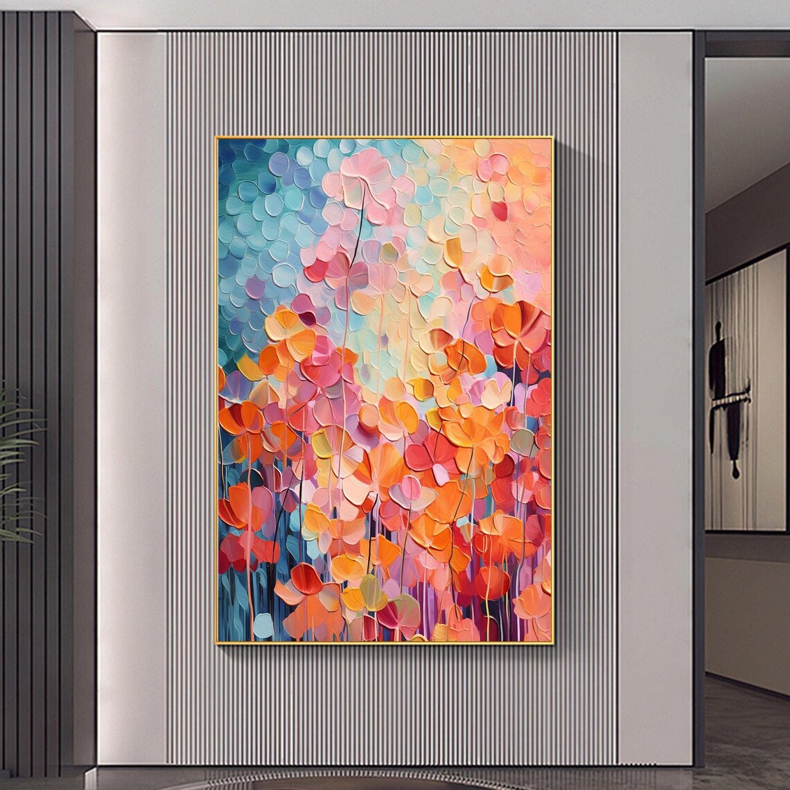Pink Orange Blossoms Abstract Impasto Flower Field Oil Painting Poster