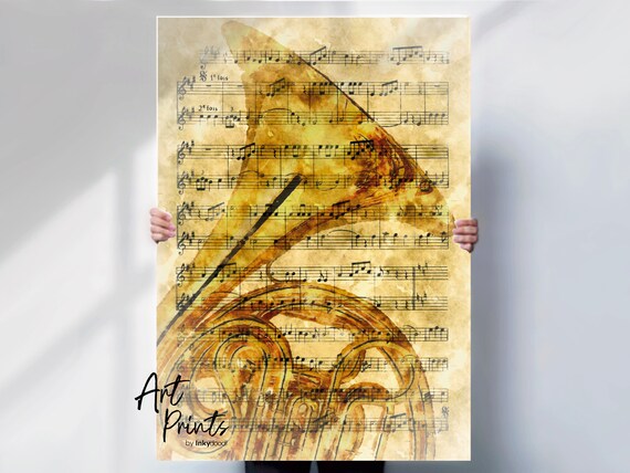 French Horn Vintage Sheet Music Brass Instrument Classical Poster