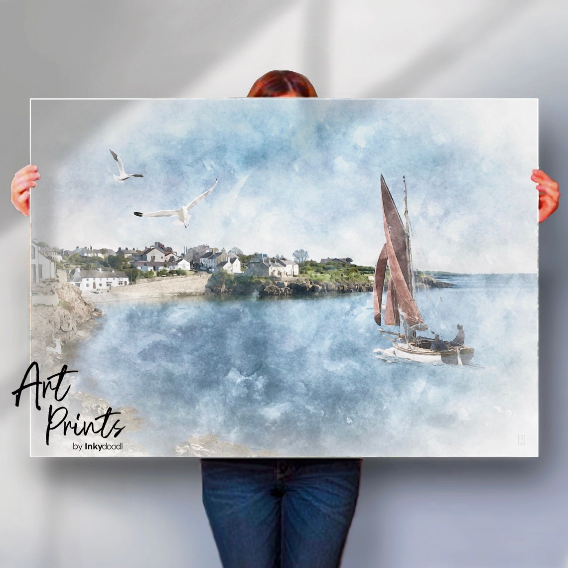 Red Wharf Bay Anglesey Sailboat Rocky Coast Harbour Watercolour Poster