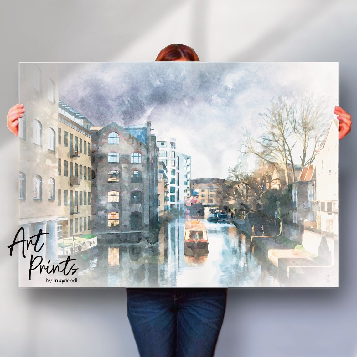 Regents Canal London Islington Narrowboat Watercolor Waterside Poster