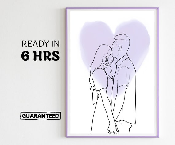 Custom Couple Line Art with a Purple Watercolor Heart Poster