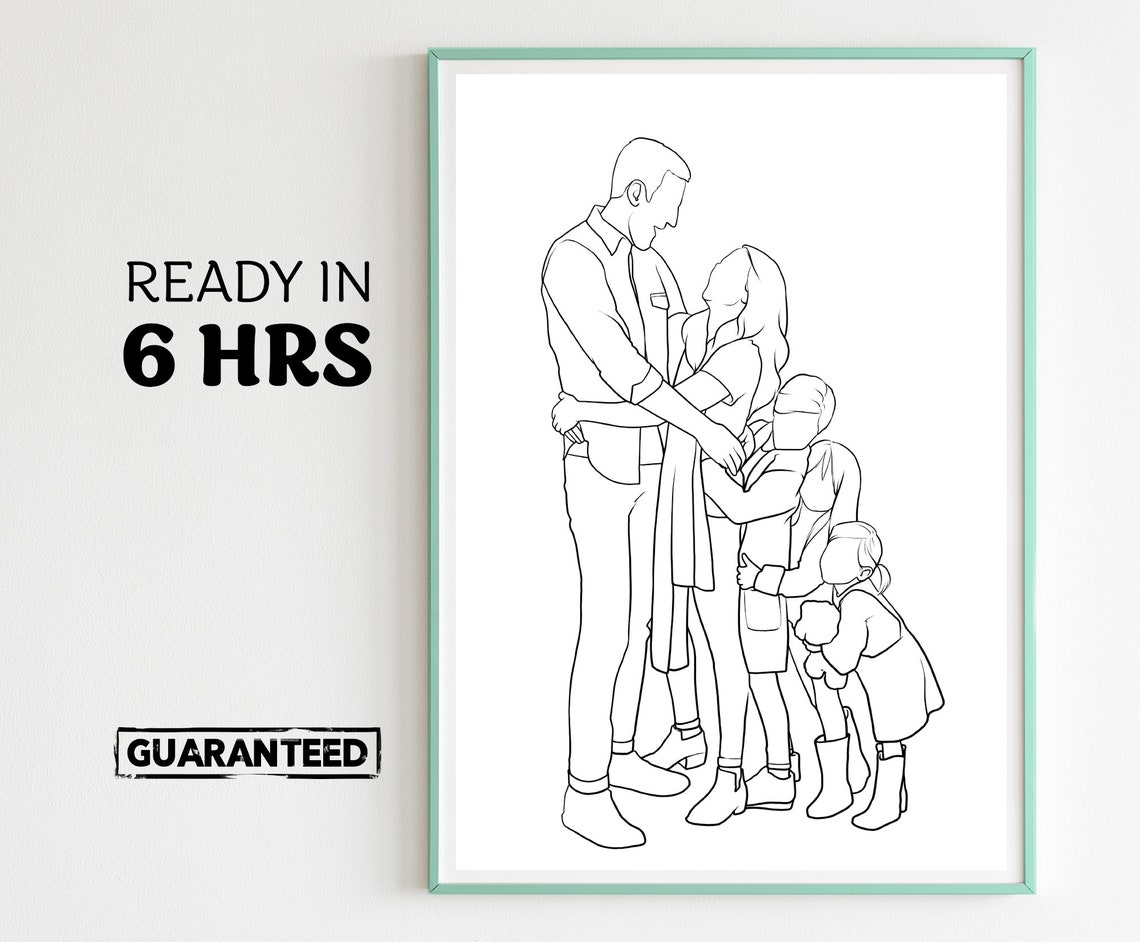 Minimalist Line Art Family of Four Hugging Illustration Poster