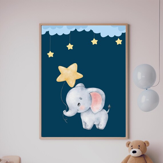 Baby Elephant Holding a Star Balloon Navy Nursery Night Poster