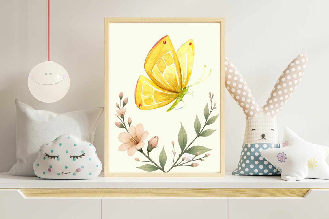 Pretty Yellow Butterfly Watercolor Floral Nursery Kids Poster - Image 3