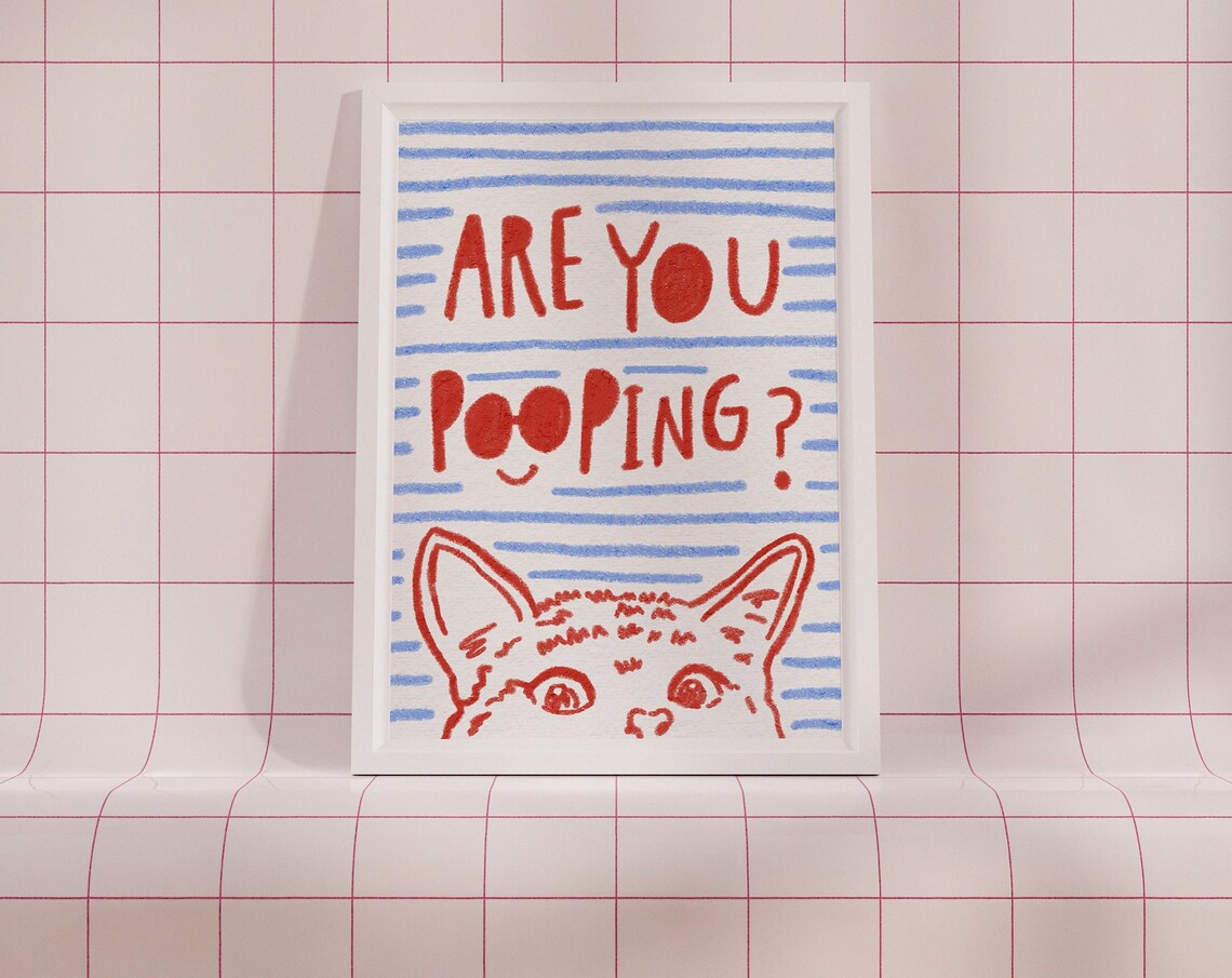 Are You Pooping Funny Cat Bathroom Humor Retro Red Art Print