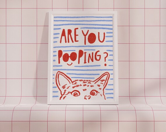 Are You Pooping Funny Cat Bathroom Humor Retro Red Art Print