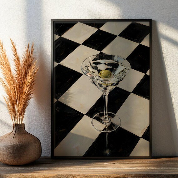 Martini Glass With Olive on Checkerboard Vintage Cocktail Poster