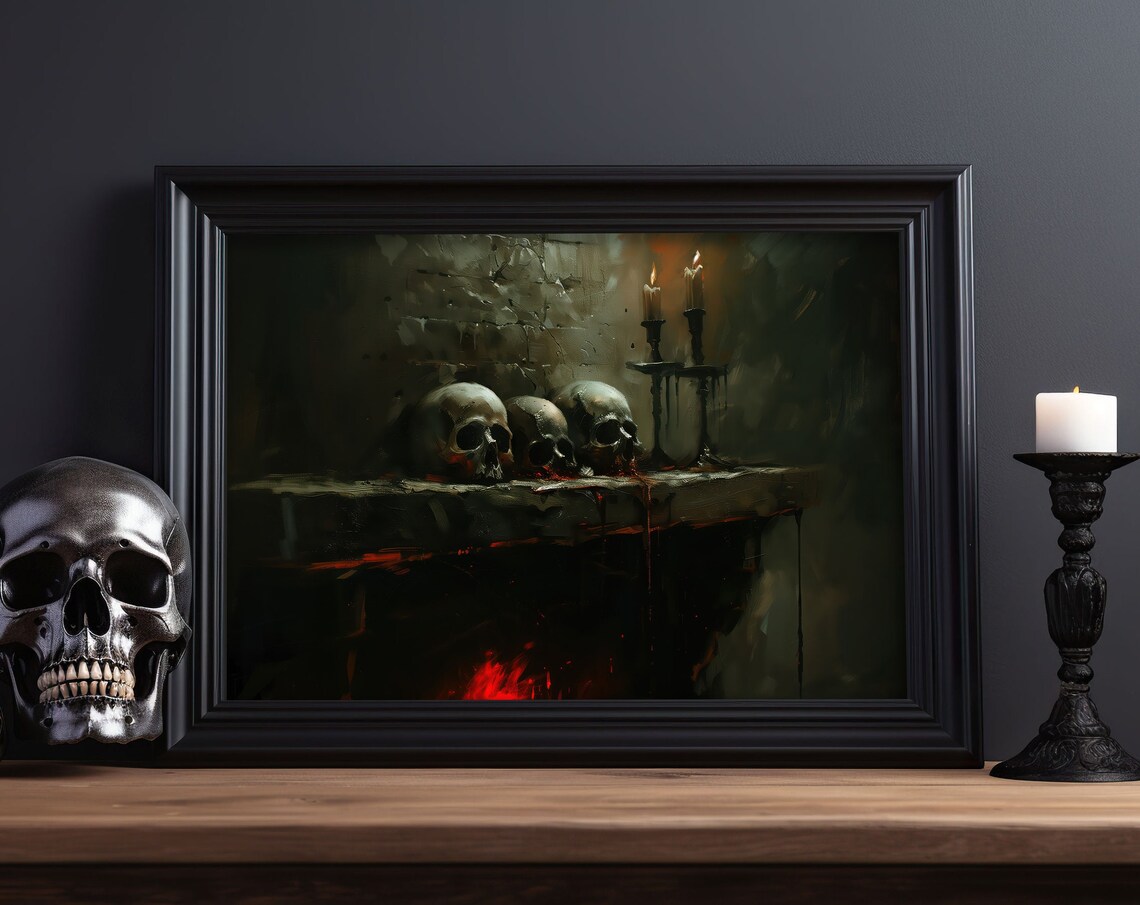 Skulls Fireplace Candles Dark Gothic Halloween Moody Oil Painting Poster
