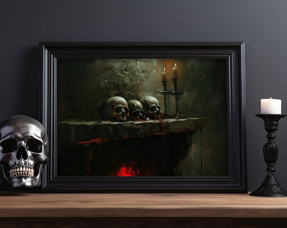 Skulls Fireplace Candles Dark Gothic Halloween Moody Oil Painting Poster