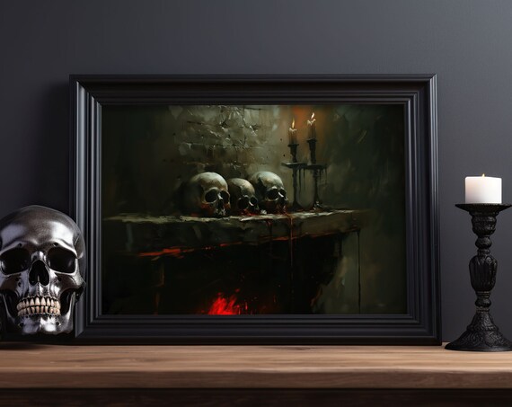 Skulls On Fireplace Oil Painting Vintage Dark Academia Art Gothic Halloween Decor Moody High Resolution Instant
