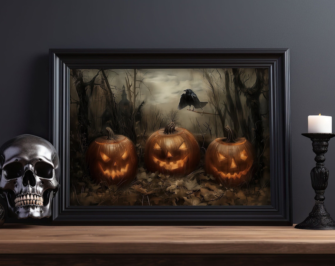 Jack O Lanterns Dark Forest Crow Halloween Gothic Moody Oil Painting Poster