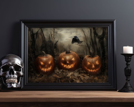 Jack O Lanterns Dark Forest Crow Halloween Gothic Moody Oil Painting Poster
