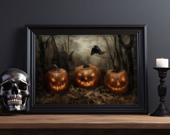 Jack O Lanterns Oil Painting Vintage Dark Academia Art Gothic Halloween Decor Moody High Resolution Instant