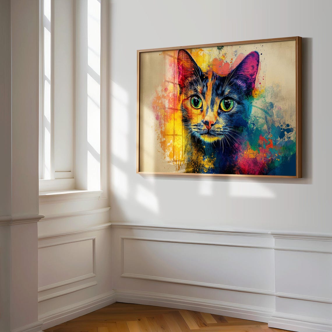 Watercolor Splatter Cat Face Green Eyes Vibrant Rainbow Splash Poster - Image 3