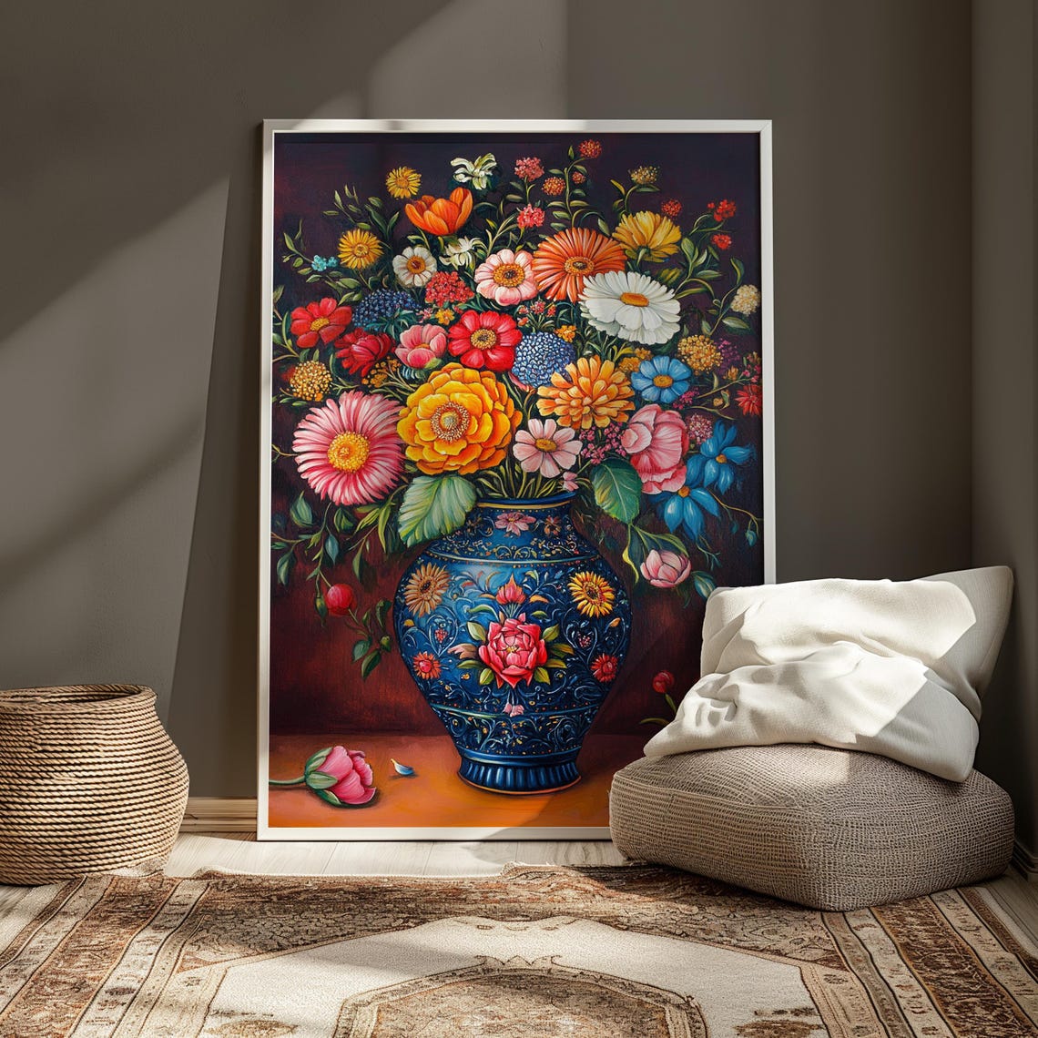Abundant Mixed Floral Bouquet Large Ornate Blue Vase Rich Dark Poster - Image 4