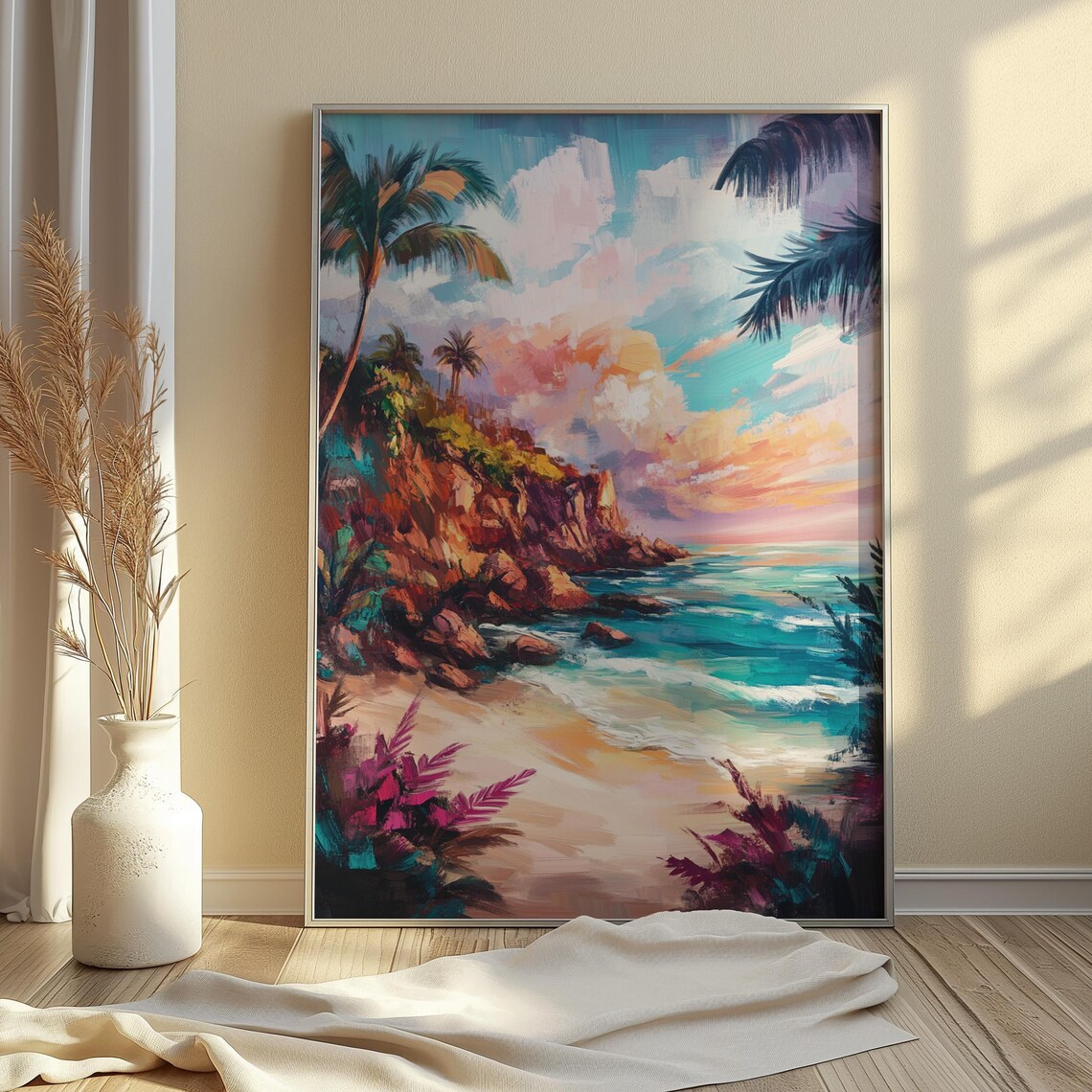 Tropical Beach Cove Sunset Palm Trees Orange Cliffs Turquoise Sea Landscape Poster - Image 4