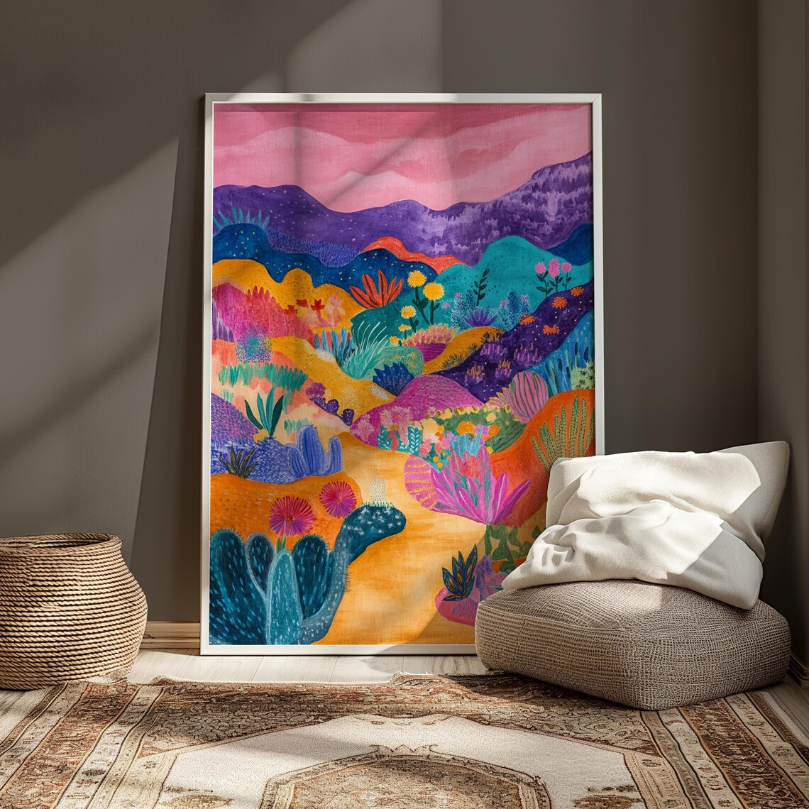 Whimsical Desert Cactus Garden Pink Mountains Colorful Art Print - Image 3