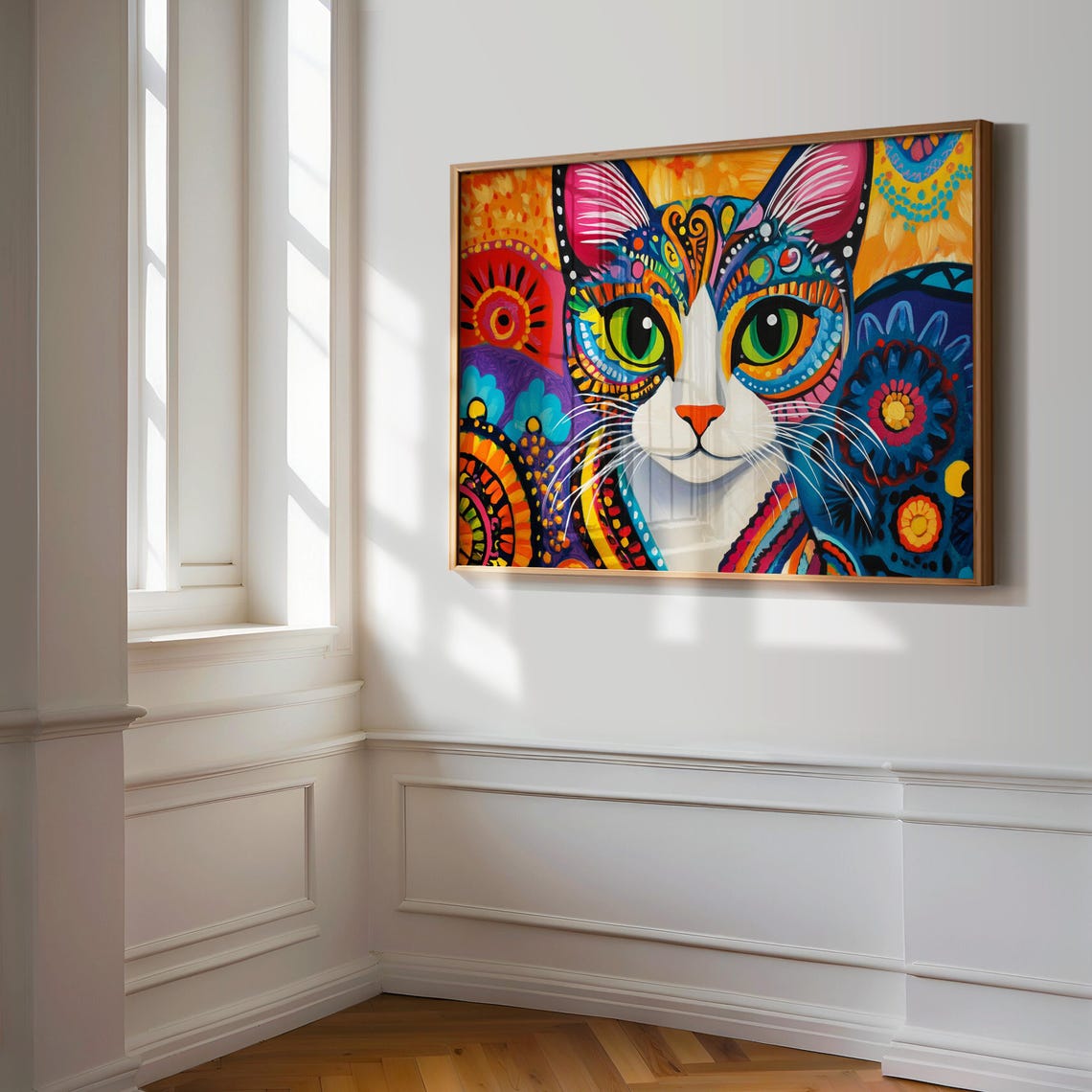 Mandala Style Cat Face Symmetrical Bright Folk Art Patterns Poster - Image 3