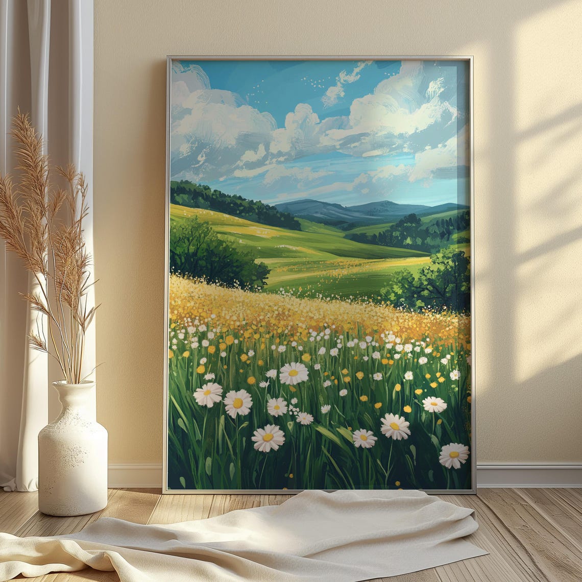 White Daisy Field Rolling Green Hills Mountain View Bright Oil Poster - Image 2