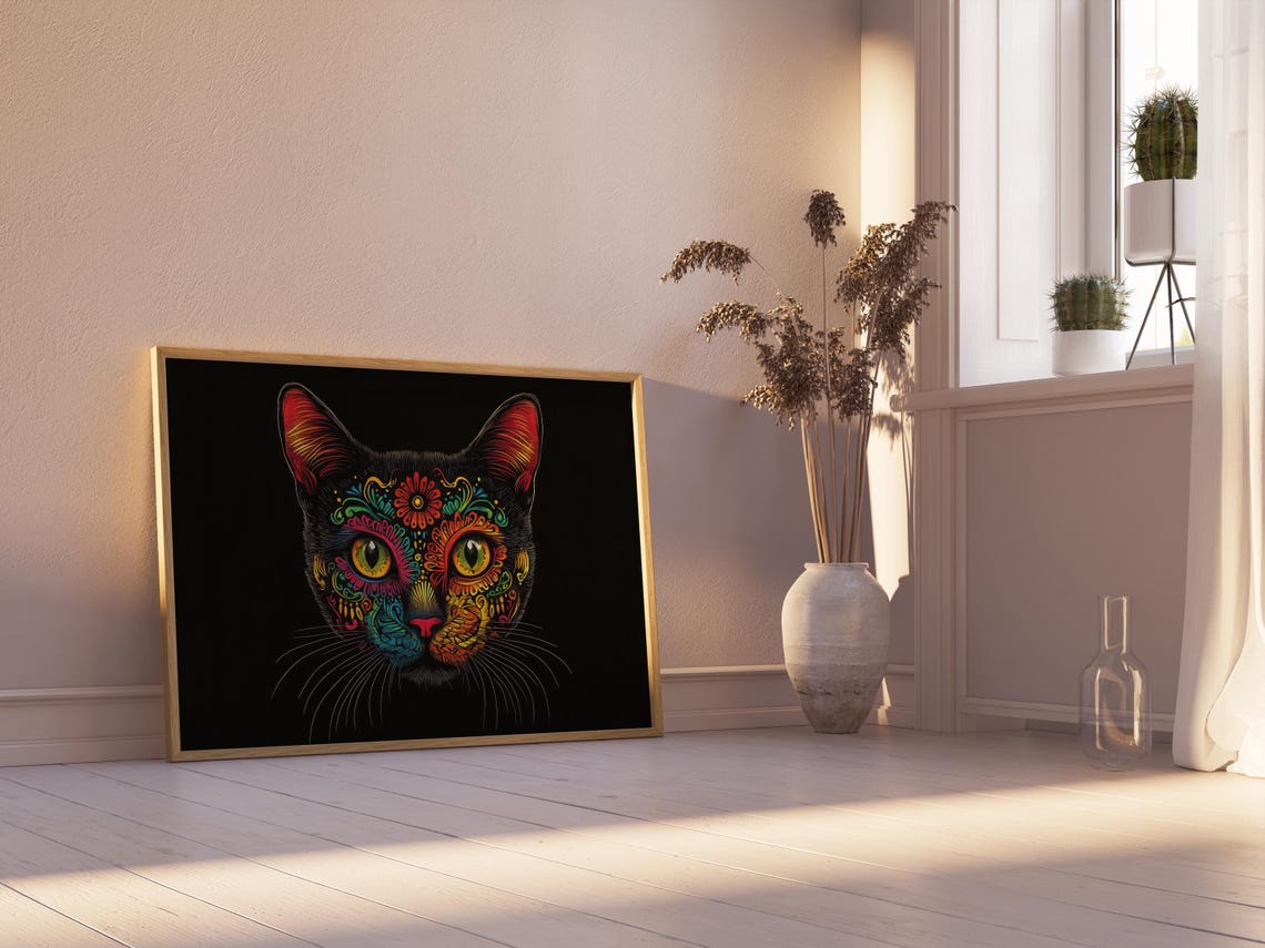 Day of the Dead Cat Sugar Skull Floral Intricate Colorful Wall Art - Image 2