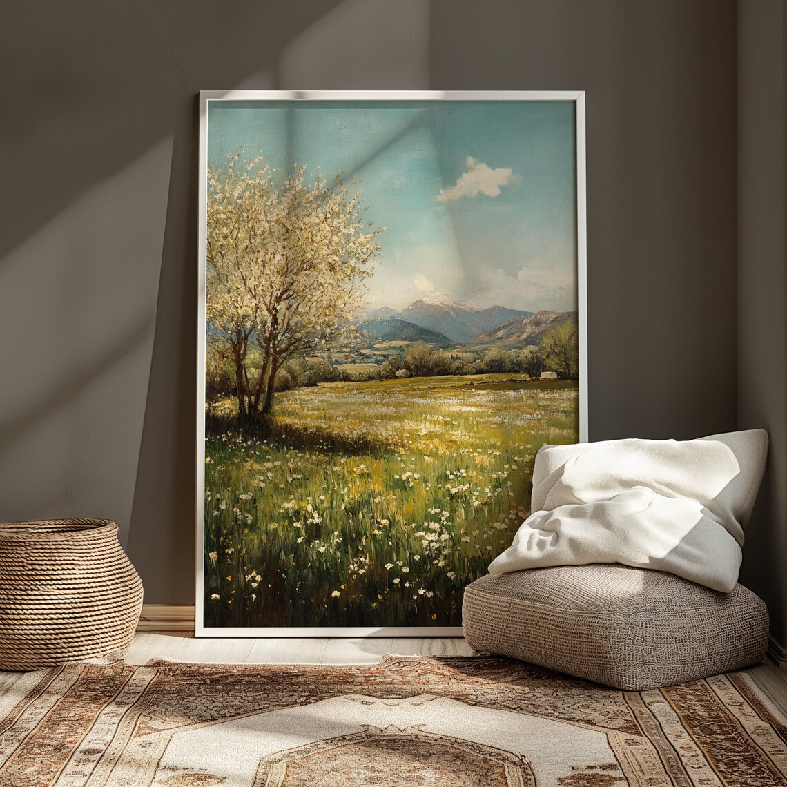 Spring Meadow Blossoming Tree Mountain View Soft Green Landscape Poster - Image 3