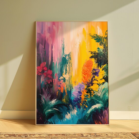 Abstract Tropical Garden Waterfall Magenta Teal Bold Foliage Floral Poster