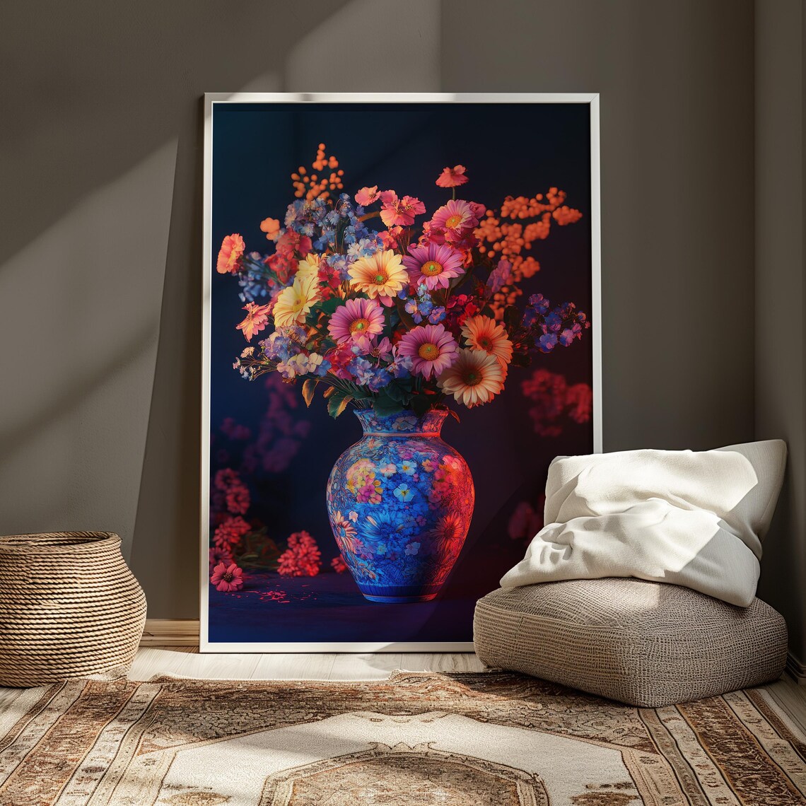 Glowing Pastel Wildflower Bouquet Blue Floral Vase Dark Moody Poster - Image 4