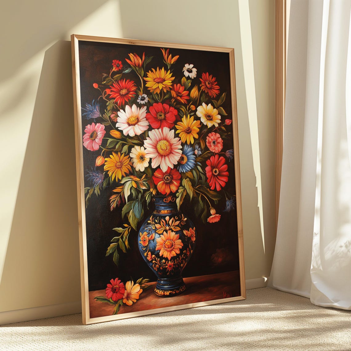 Classic Zinnia Daisy Bouquet Dark Blue Ornate Vase Moody Floral Poster - Image 5